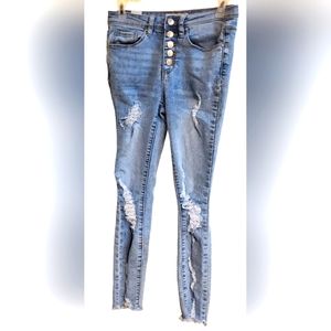 Almost famous Juniors distressed high rise button fly straight leg jeans, Size 0